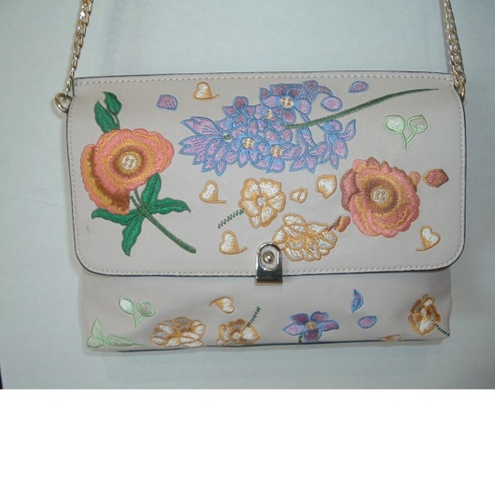 TOPSHOP Floral Embroidered Clutch Crossbody Gold Chain Handbag NR MINT - Picture 6 of 6